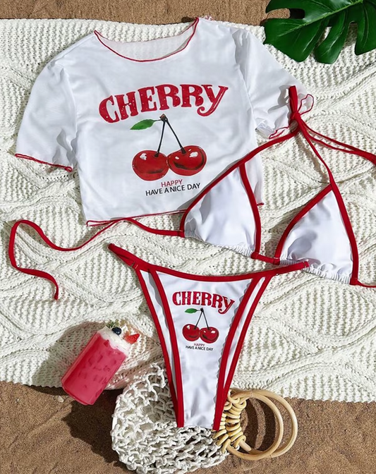 Cherry Printed Short Sleeve Bikini