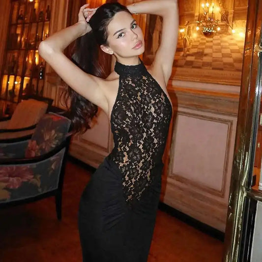 Lace Halter Backless Maxi Dress