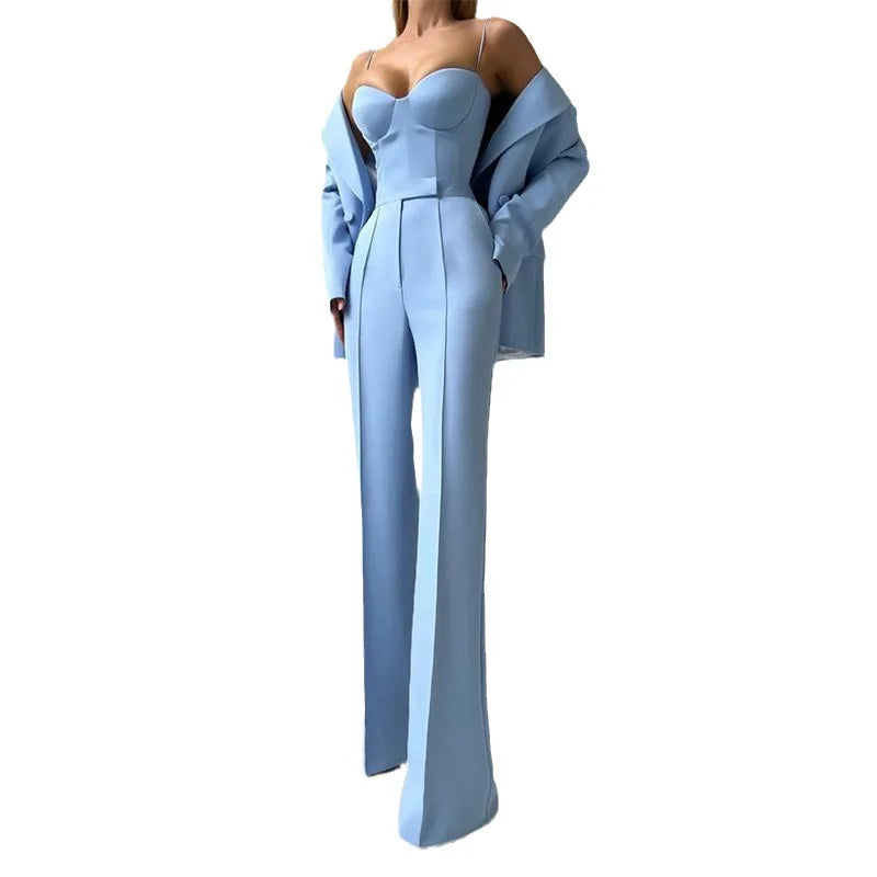 Strapless Top Flare Blazer Suit Set