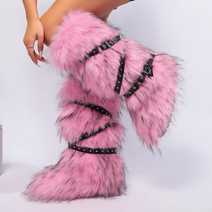 Faux Fur Belt Buckle Boots