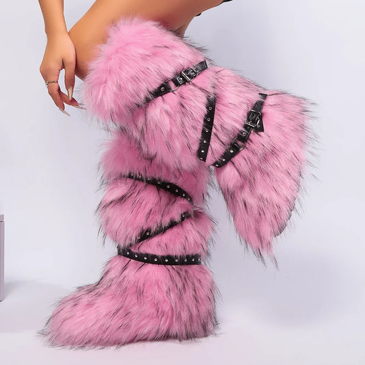 Faux Fur Belt Buckle Boots