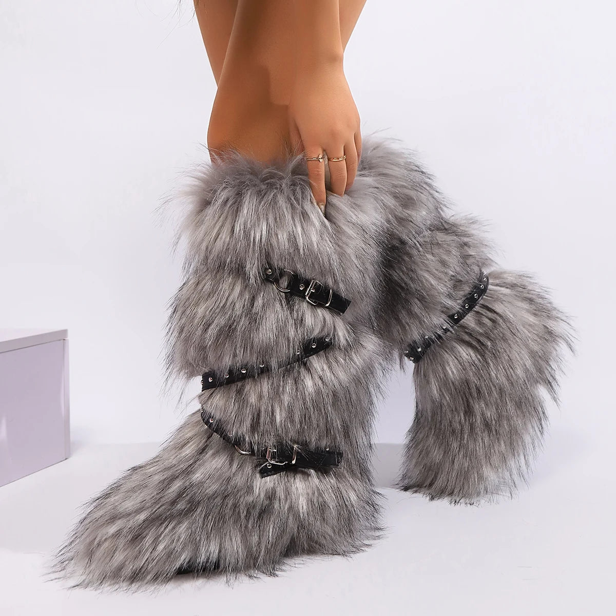 Faux Fur Belt Buckle Boots