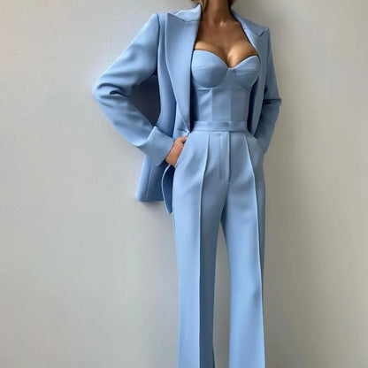 Strapless Top Flare Blazer Suit Set