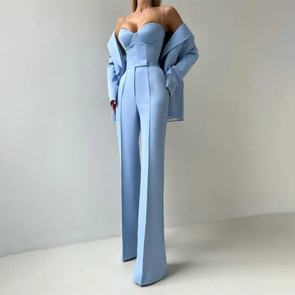 Strapless Top Flare Blazer Suit Set
