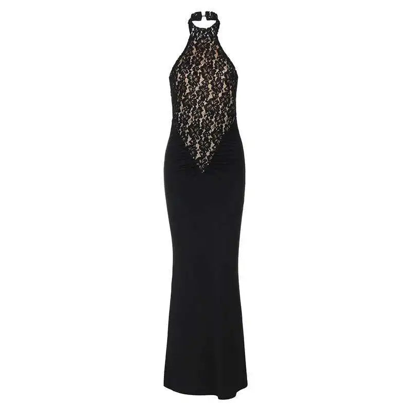 Lace Halter Backless Maxi Dress