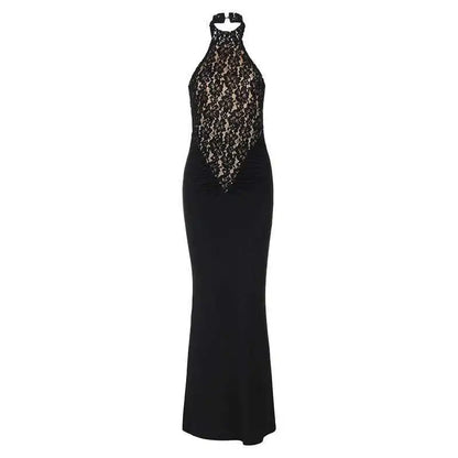 Lace Halter Backless Maxi Dress