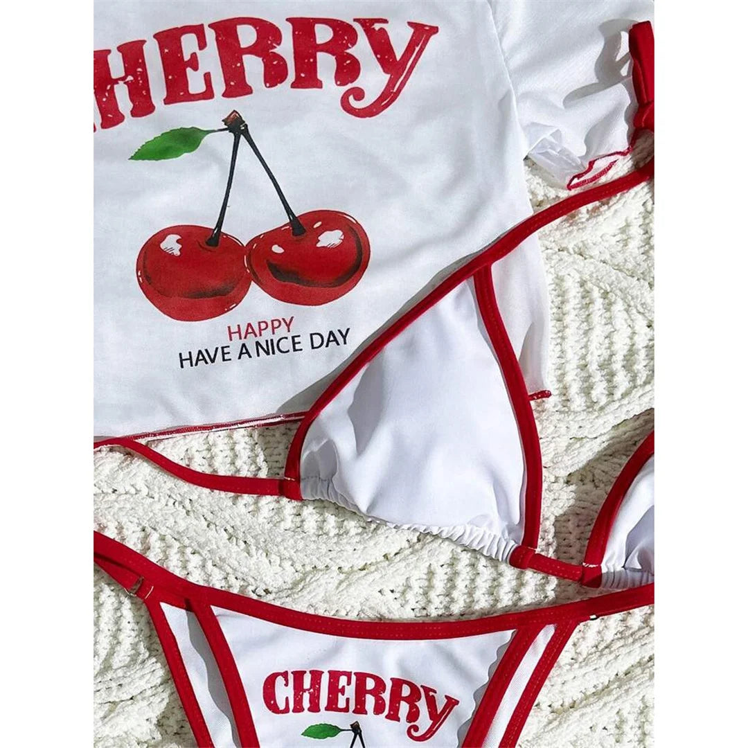 Cherry Printed Short Sleeve Bikini