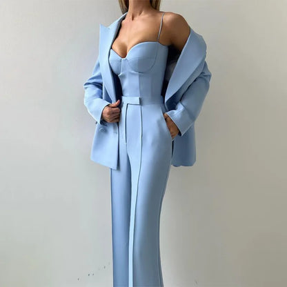 Strapless Top Flare Blazer Suit Set