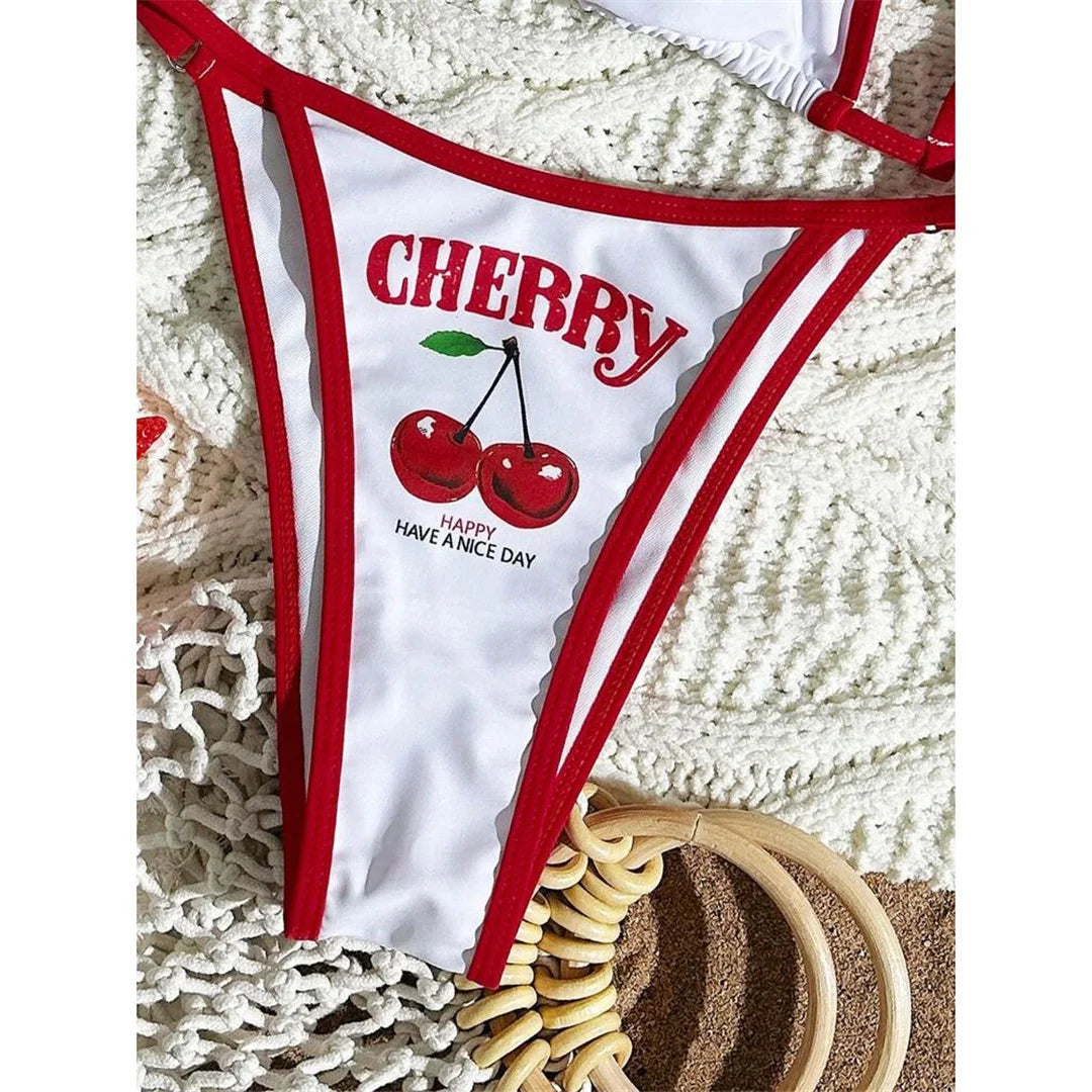 Cherry Printed Short Sleeve Bikini
