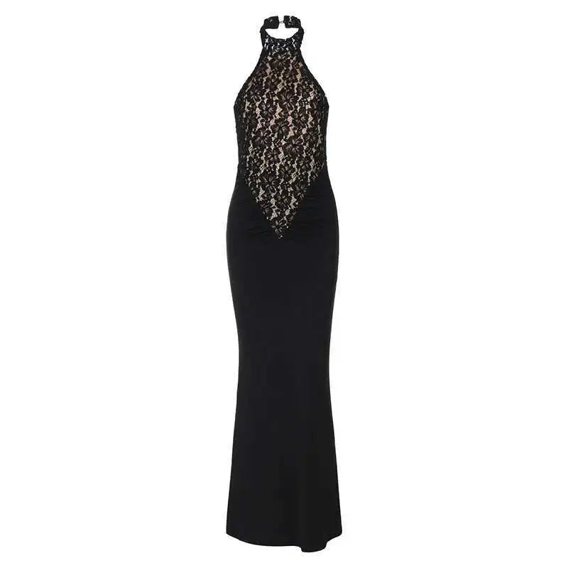 Lace Halter Backless Maxi Dress