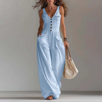 V Neck Button Jumpsuit