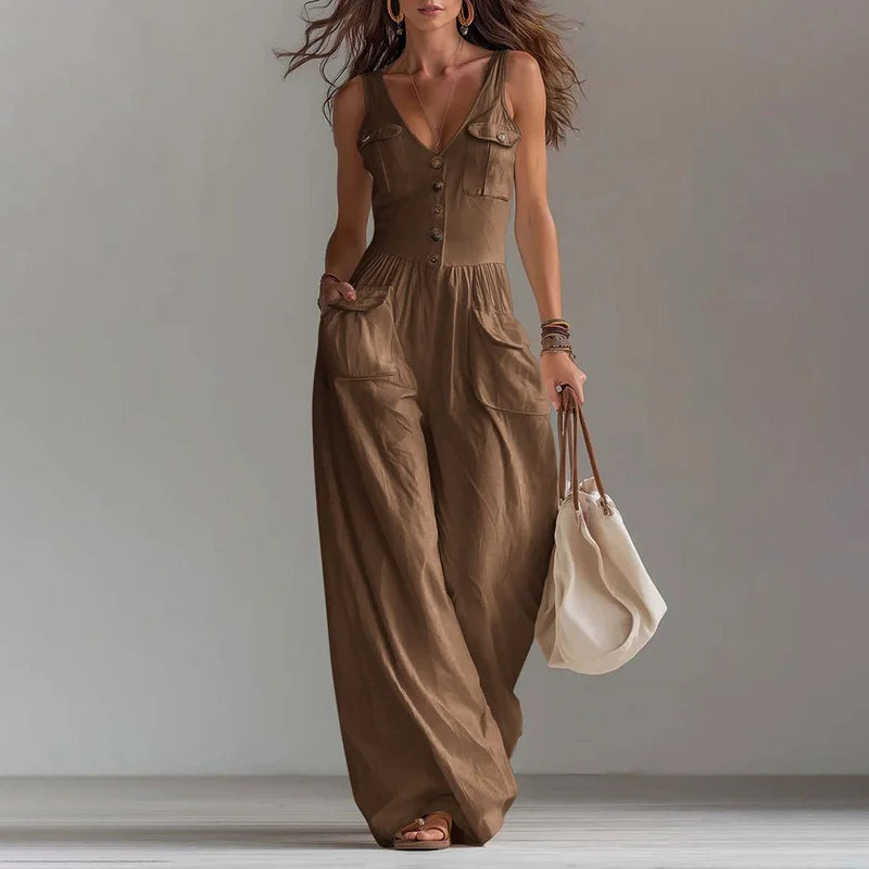 V Neck Button Jumpsuit