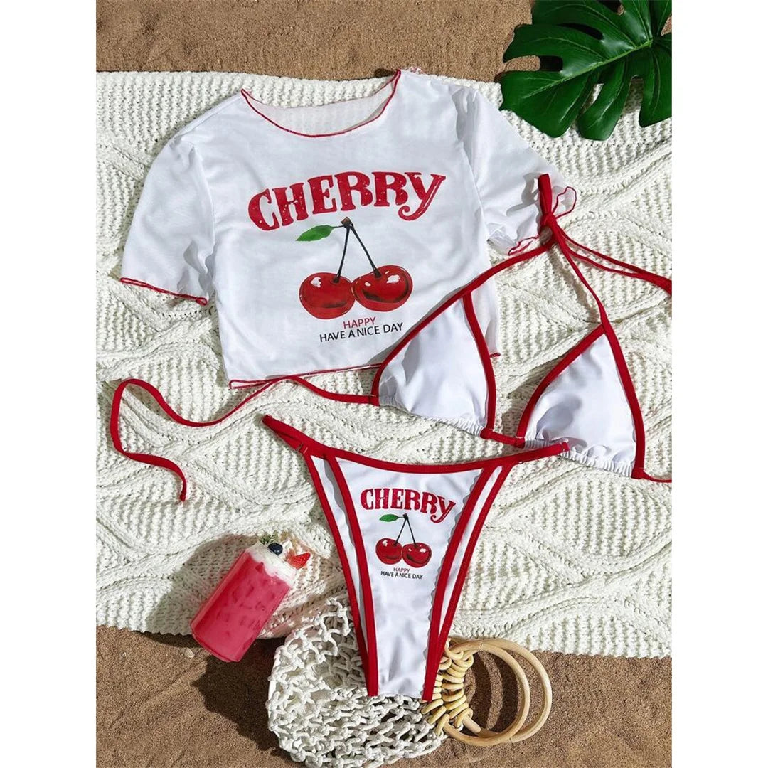 Cherry Printed Short Sleeve Bikini