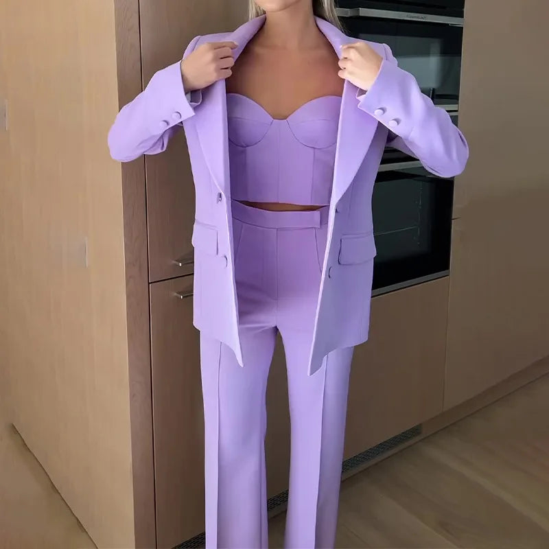 Strapless Top Flare Blazer Suit Set