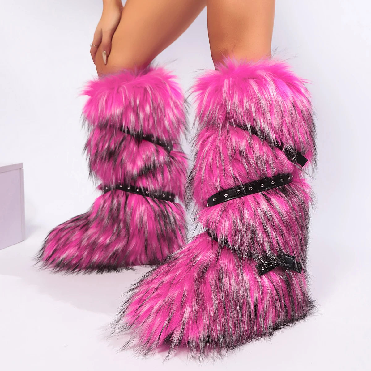 Faux Fur Belt Buckle Boots