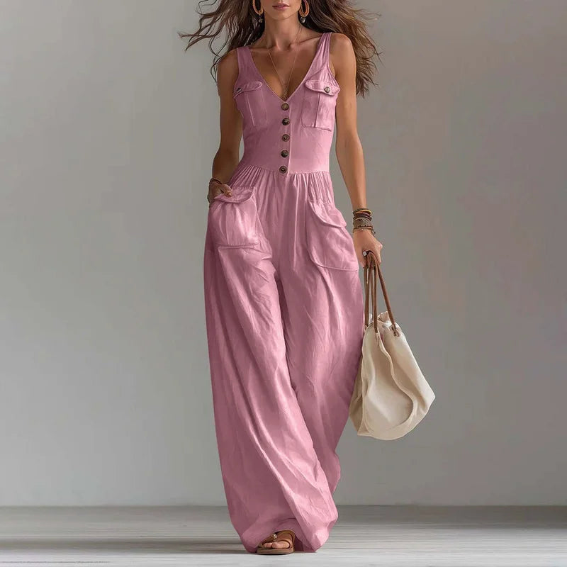 V Neck Button Jumpsuit