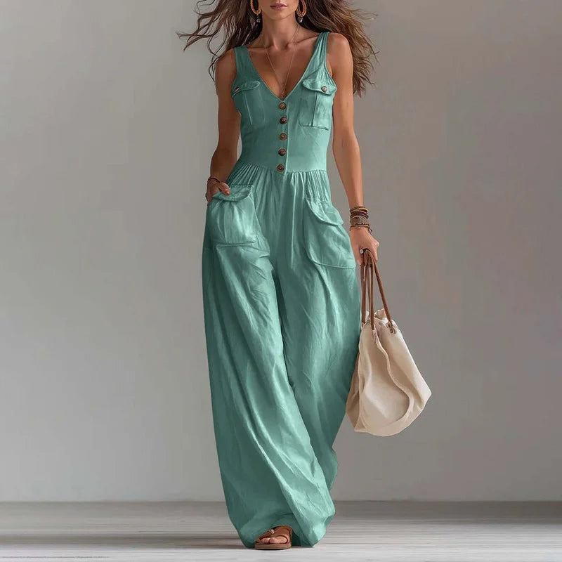 V Neck Button Jumpsuit