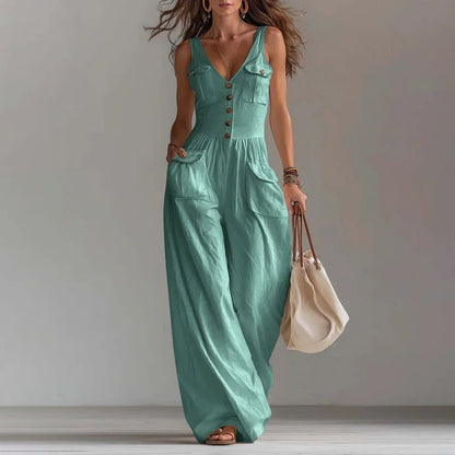 V Neck Button Jumpsuit