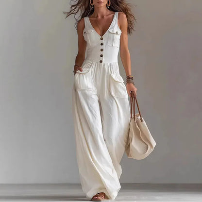 V Neck Button Jumpsuit