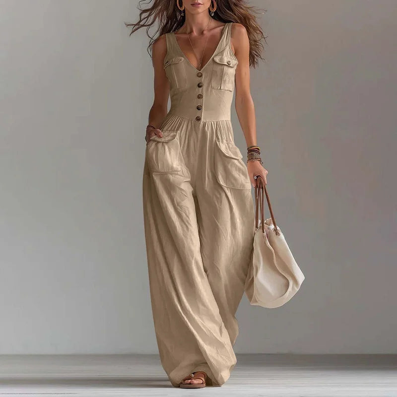 V Neck Button Jumpsuit