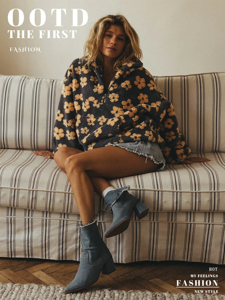 Floral Sherpa Pullover Sweatshirt