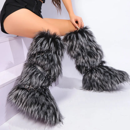 Faux Fur Belt Buckle Boots