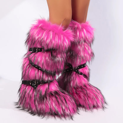 Faux Fur Belt Buckle Boots