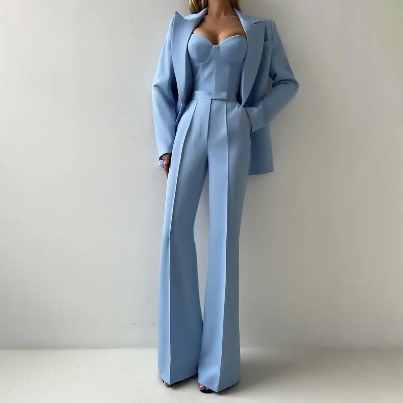 Strapless Top Flare Blazer Suit Set