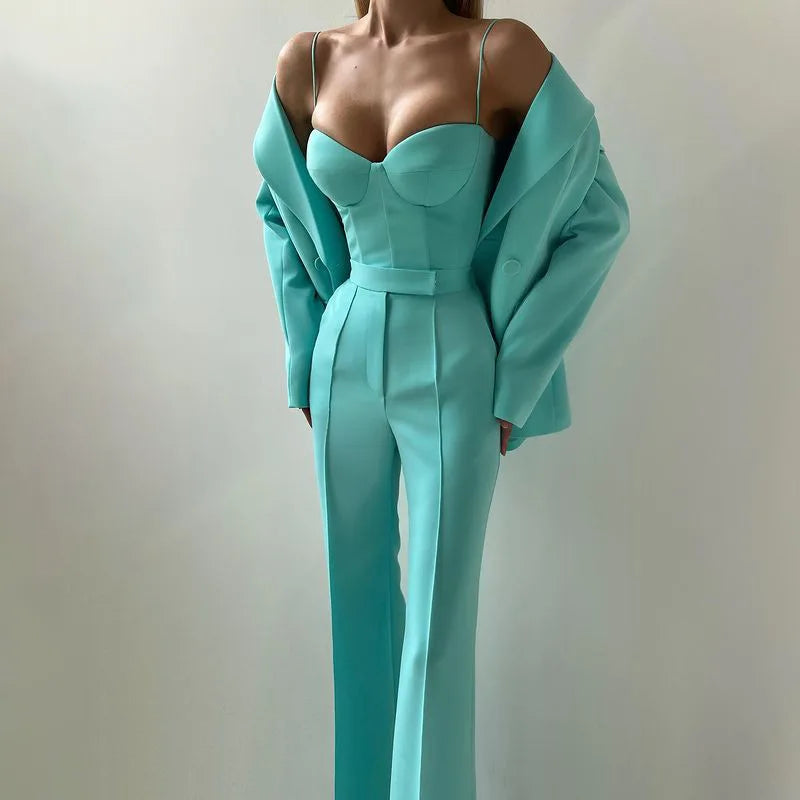 Strapless Top Flare Blazer Suit Set