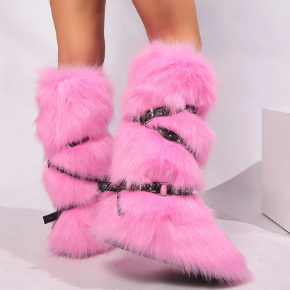 Faux Fur Belt Buckle Boots