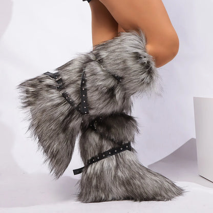 Faux Fur Belt Buckle Boots