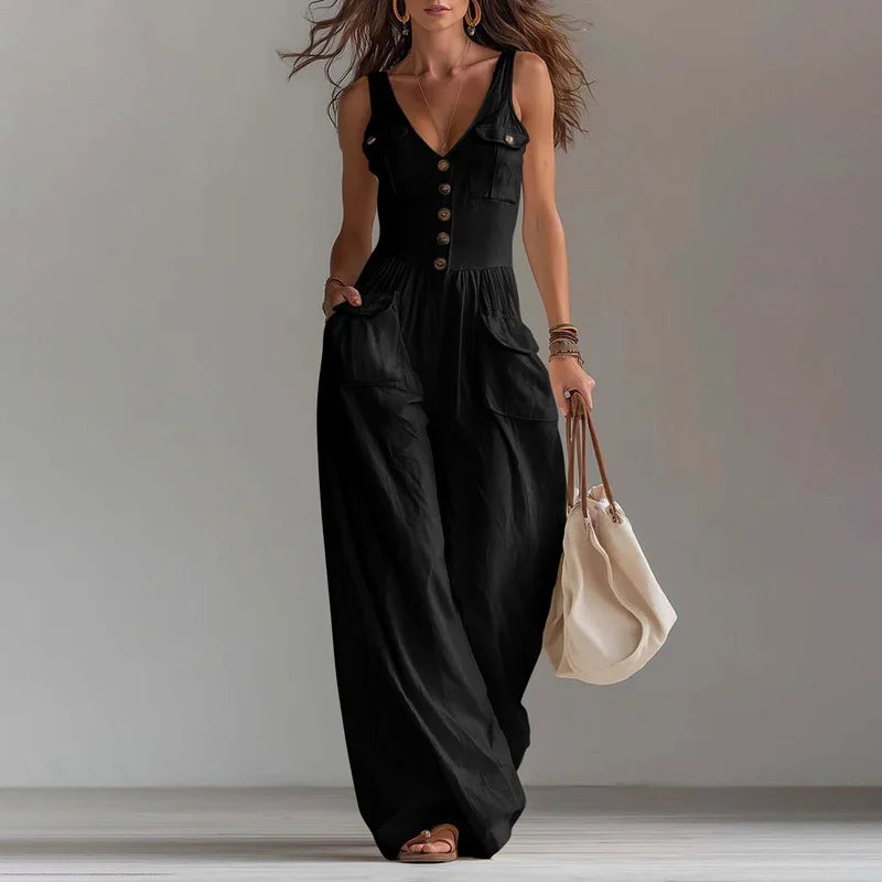 V Neck Button Jumpsuit