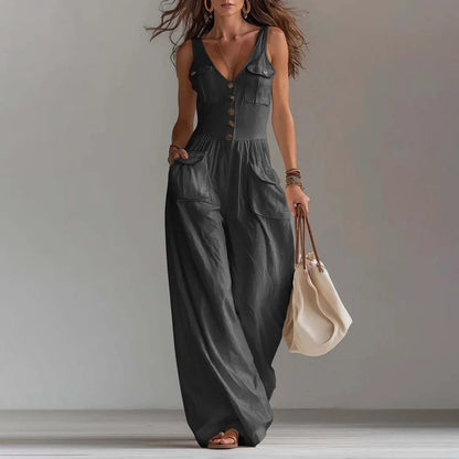 V Neck Button Jumpsuit