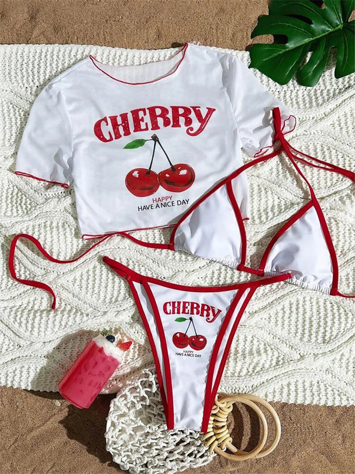Cherry Printed Short Sleeve Bikini