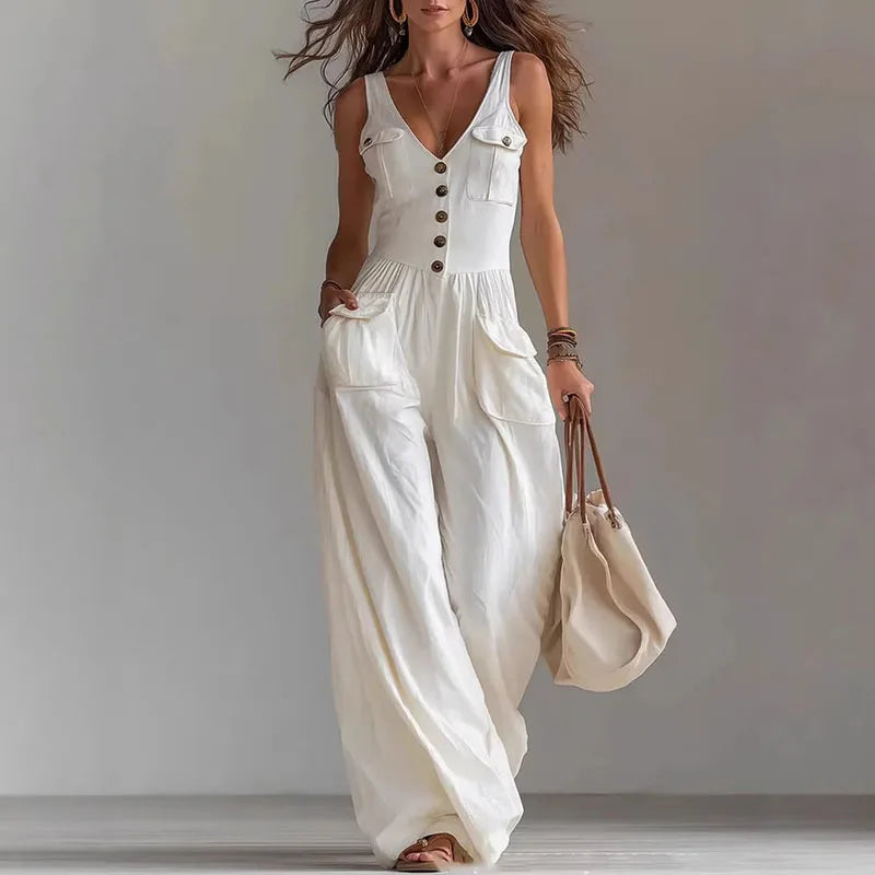 V Neck Button Jumpsuit