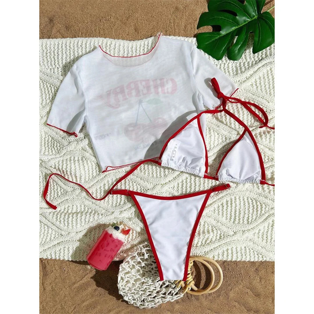 Cherry Printed Short Sleeve Bikini