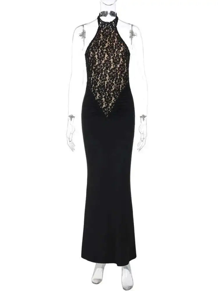 Lace Halter Backless Maxi Dress
