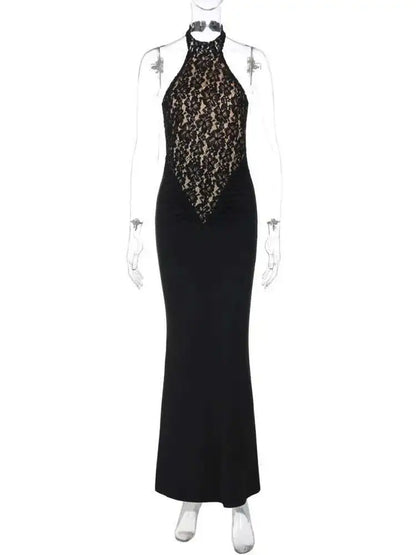 Lace Halter Backless Maxi Dress