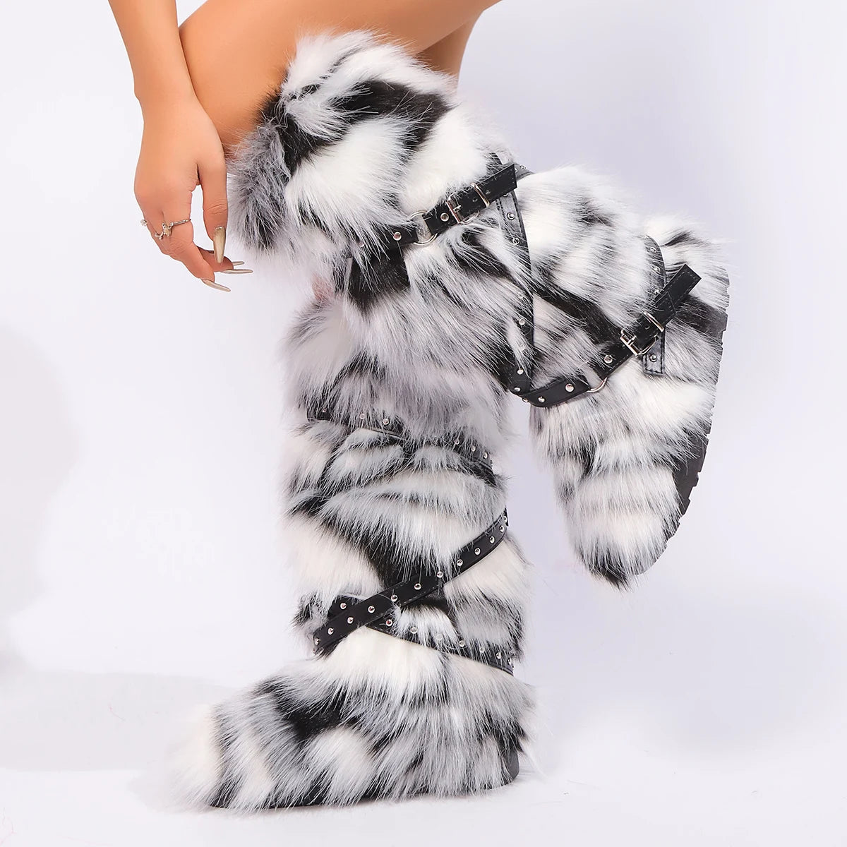 Faux Fur Belt Buckle Boots